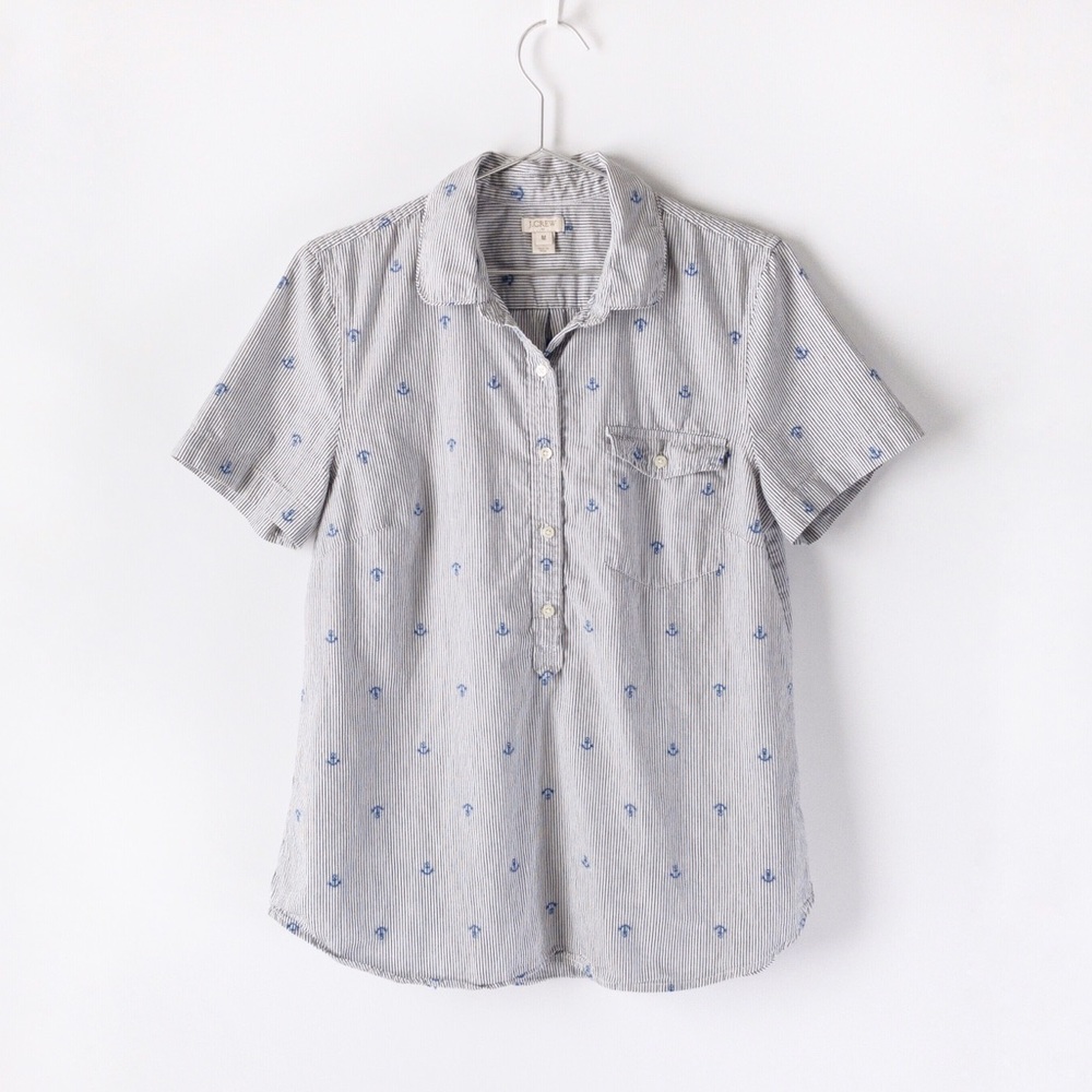 j. crew striped anchor short sleeve popover blouse